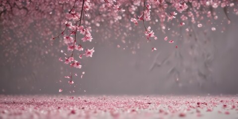 Floating pink sakura petals descend onto a gentle, out-of-focus backdrop ,  tranquility,  floral,  gentle