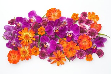 Colorful floral arrangement of orchids and zinnias.