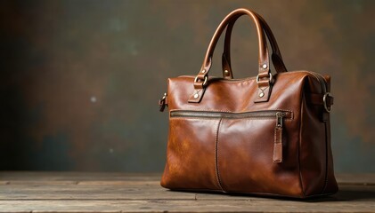 Brown leather tote bag, handles, zippers, pockets , pocket, zipper