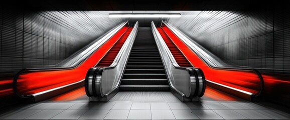 Red escalators in a modern underground station