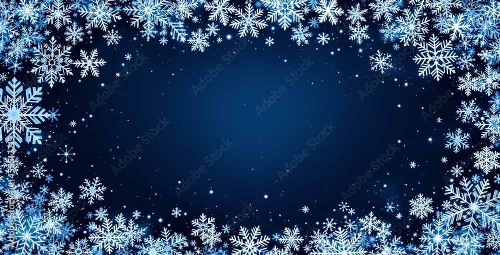 Poster decorative snowflakes forming a festive frame with glowing elements on a deep blue gradient backgrou