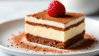 Close-up of individual tiramisu portion, showcasing texture and rich color , close-up, creamy
