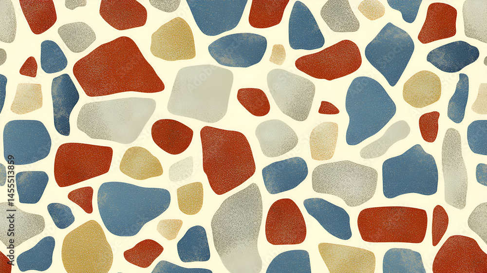 Poster abstract seamless pattern featuring textured stone shapes in muted reds, blues, and golds on a cream