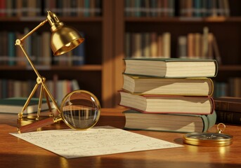 Studying Music Sheets with Magnifying Glass and Books in Library