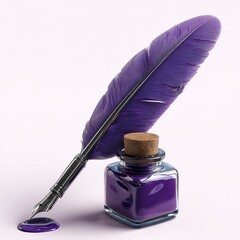 Elegant Purple Quill Pen and Inkwell, a Stunning Still Life Composition Depicting Artistic Craftsmanship and Literary Inspiration.