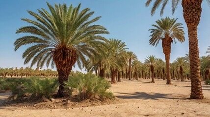 A Middle Eastern farmer harvesting ripe dates from a tall date palm tree, using traditional tools. The background features a lush palm grove with rows of trees stretching into the distance.