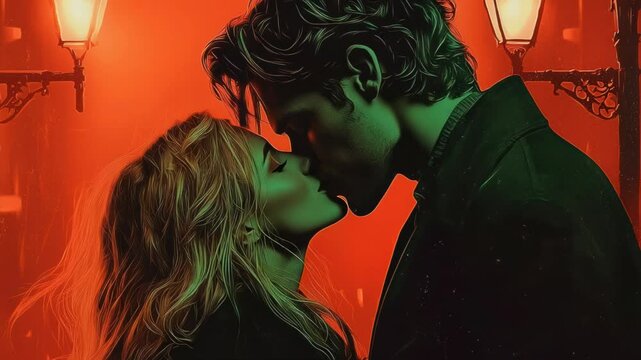 Passionate Encounter, A Couple's Tender Kiss Beneath Crimson Streetlights
