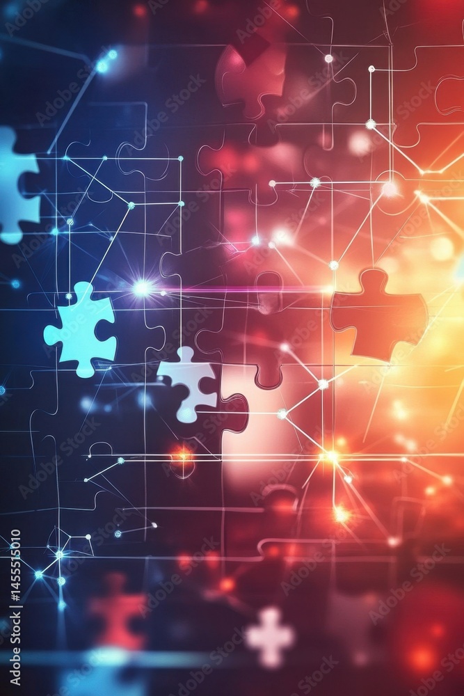 Poster puzzle pieces and network connections representing complex systems and problem solving