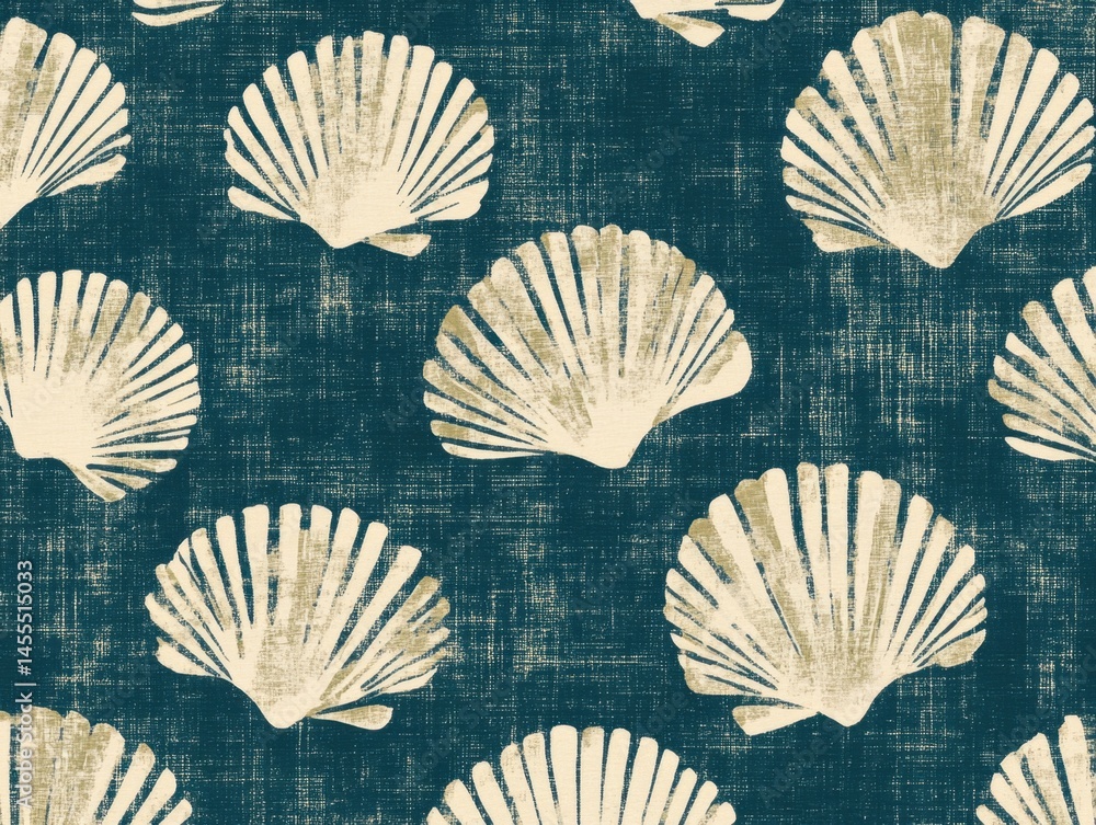 Poster seamless pattern of seashells on textured blue background nautical theme beachy design