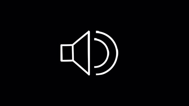 Hand drawn speaker audio volume sound icon animation on black background, doodle speaker outline icon sign animated.