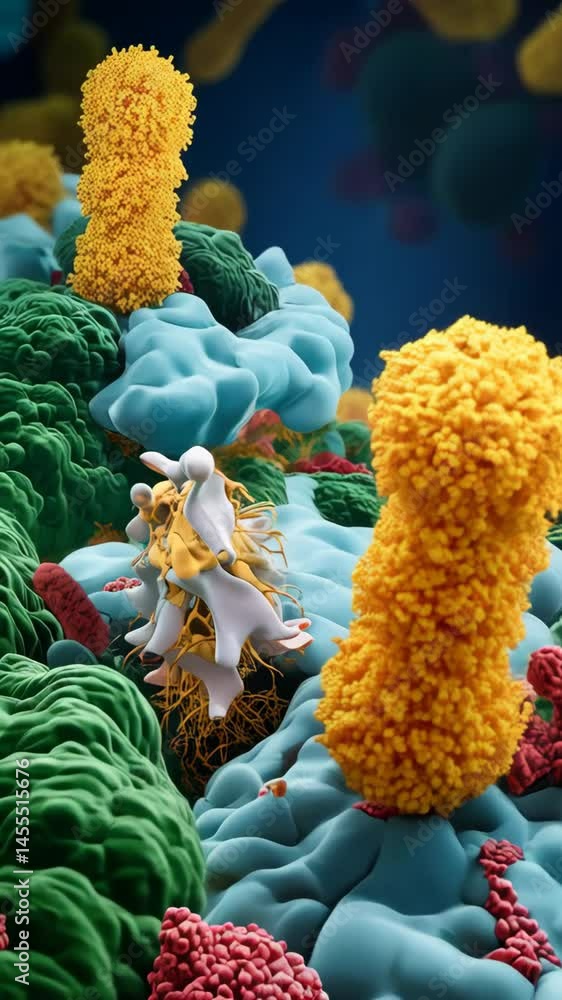 Poster detailed microscopic render displaying multicolored bacteria on a surface, showcasing cellular biolo