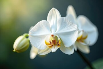 Fototapeta premium Delicate white orchid blossom, pristine background , background, soft, blossom