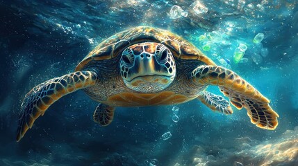 Fototapeta premium Sea turtle surrounded by plastic debris
