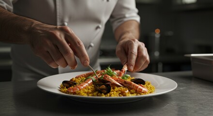 Delicious seafood paella dish preparation by professional chef cooking red meal rice fork lunch plate