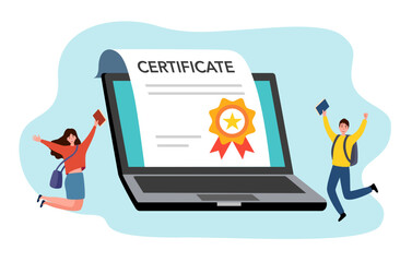 Happy students and certificate document with wafer seal and ribbon. Concept of online professional certificate program, graduate diploma.