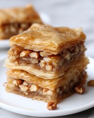 Delicious Homemade Baklava Stacked High on a Plate Ready to Eat and Enjoy the Sweet Flavor