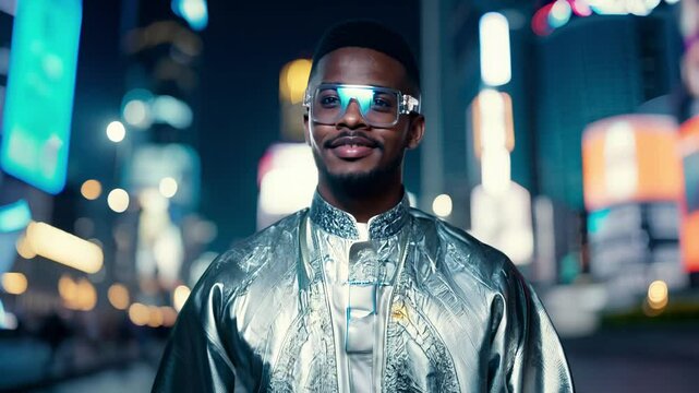 The camera slowly zooms in as a young nigerian man in agbada walks confidently, facing the camera, along a futuristic city street at night