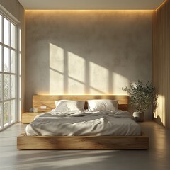 Modern bedroom interior with natural light and wooden furniture.