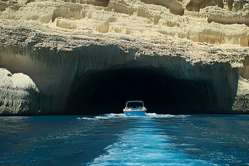 Boat navigating through a dramatic sea cave, sunlight illuminating the textured rock formations.  A stunning natural wonder.