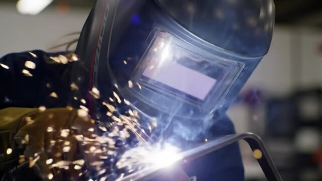 A skilled welder focuses on metal fabrication while wearing protective gear.