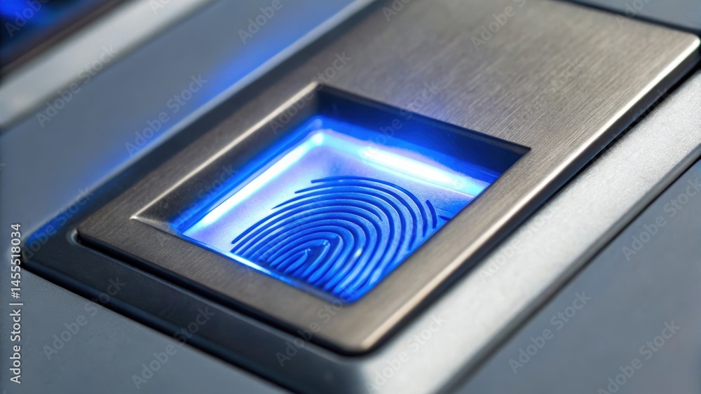 Poster a close-up of a fingerprint scanner with a glowing blue light, emphasizing security and technology.