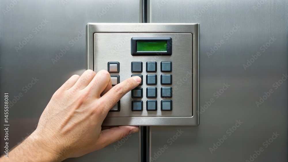 Poster a hand pressing buttons on a metallic control panel, likely for an elevator or secure access system.