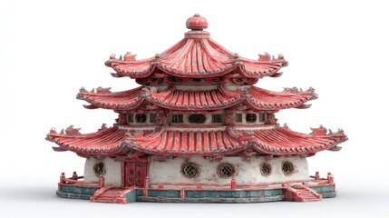 Traditional MultiTiered Structure with Intricate Roof Design and Weathered Texture for Histori