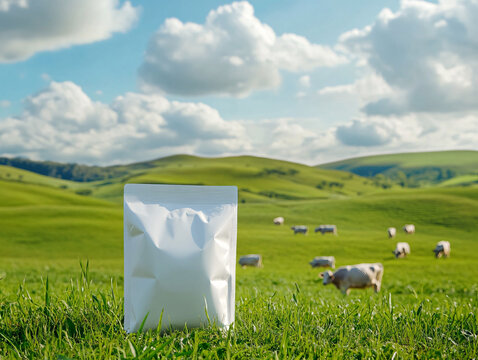 Fototapeta Dairy products. Bottles of milk, cottage cheese, yogurt, various cheese, mozzarella, butter on wooden table on meadow with grazing cows background 