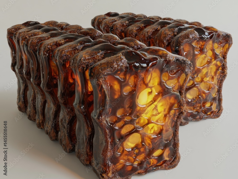 Poster amber-like blocks with inclusions in a row, a translucent material with an organic texture