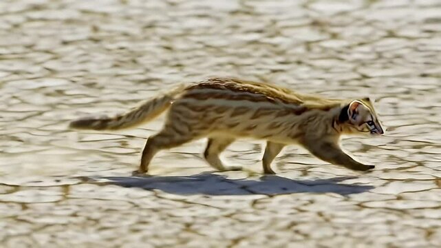 Elusive genet sprinting across cracked earth