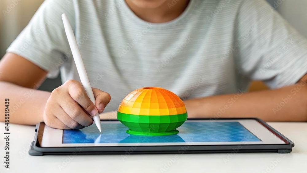 Poster a person uses a stylus on a tablet, creating a colorful 3d shape in a digital drawing, showcasing mo