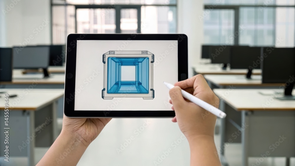 Poster a person sketches a 3d design on a tablet in a modern office space, showcasing creativity and techno