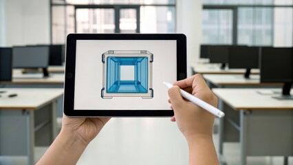 A person sketches a 3D design on a tablet in a modern office space, showcasing creativity and technology in a collaborative environment.
