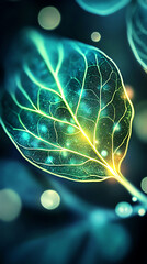 A vibrant leaf with glowing veins and lights.