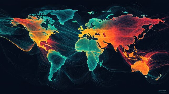A world map with migration patterns visualized through colorful lines.