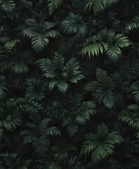 Fototapeta premium Intricate black & dark green tropical foliage wallpaper, seamless, texture, repeat