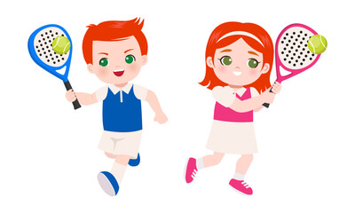 Cute boy and girl playing padel sport