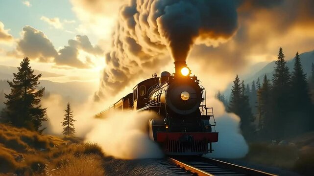 Vintage steam engine train traveling across scenic landscape at golden sunset