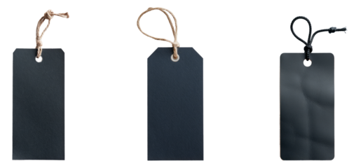 three dark blue price tags isolated on white background