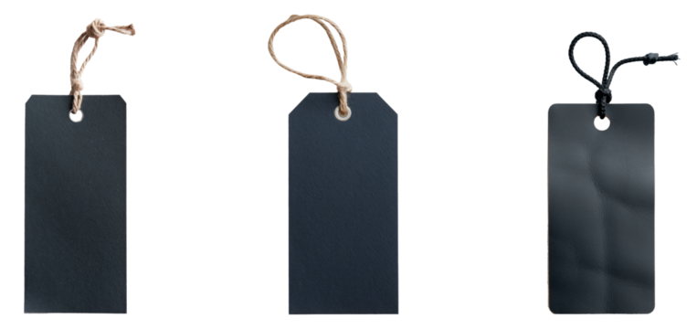 three dark blue price tags isolated on white background