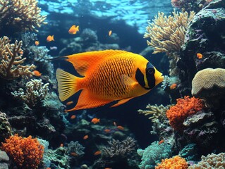 Obraz premium A vibrant orange fish swims among the colorful coral reef ecosystem. Great for nature articles, aquariums, or underwater photography.