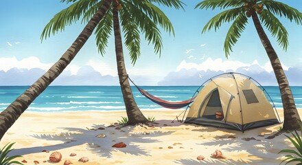 Beach Camping with Tent and Hammock Between Palm Trees