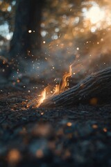 Enchanting Flames Dance Around a Fallen Log in the Forest's Embrace Warmth and Light in the Woods