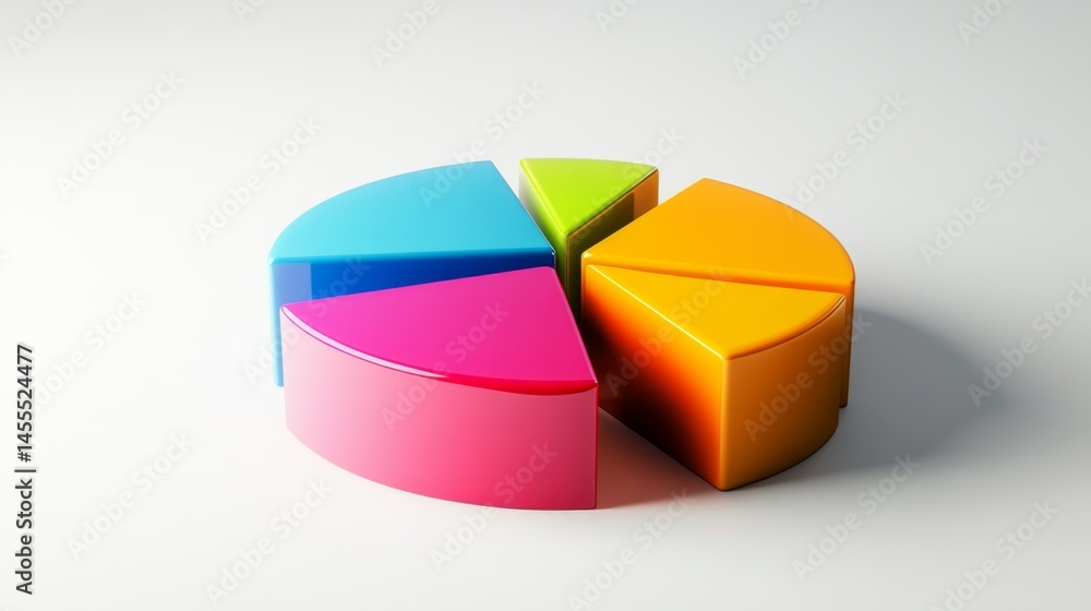 Poster d pie chart with raised glossy parts and soft lighting, presented on a solid light background