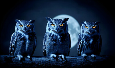 Fototapeta premium Three majestic owls perched on a branch under a mystical full moon, creating a captivating nighttime scene.