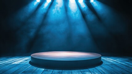 Moody Blue Stage: Circular Wooden Platform under Dramatic Lighting