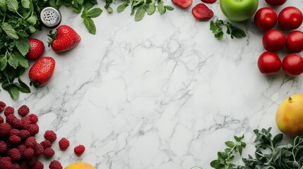 A beautifully prepared top view of a detox juice prep with fruits, mint, and herbs, arranged on a light marble surface
