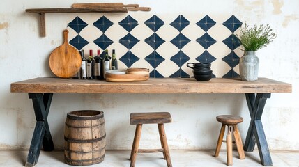 Rustic kitchen counter with patterned tiles