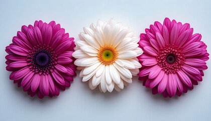 Three Gerbera Flowers in Pink and White