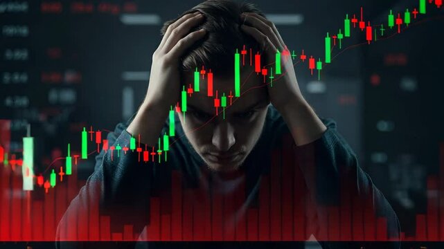 Person with head in hands overlaid by stock market chart financial market volatility economic stress